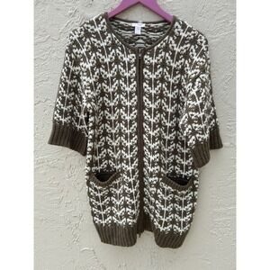 Chicos Brown Cream Intarsia Knit Zip Front Cardigan Sweater Short Sleeve Size 0
